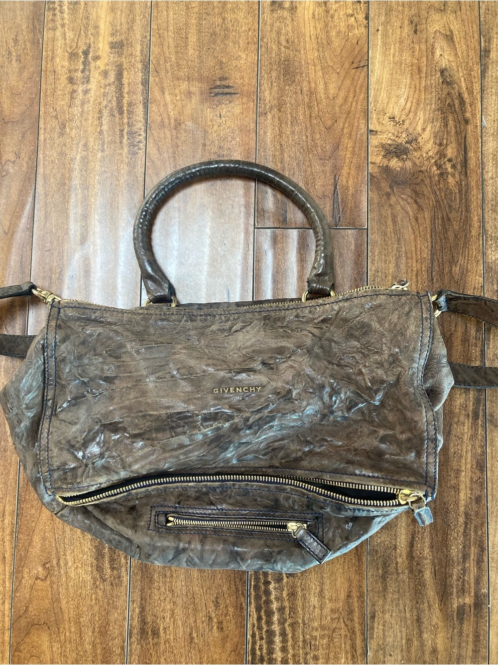 Givenchy Distressed Brown Leather Satchel with Gold Hardware. Authentic Pandora